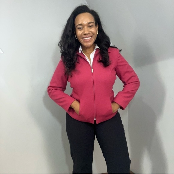 Vintage Pink Wool Cropped Short Jacket Zip Blazer Career Business Preppy Fitted - Picture 9 of 12